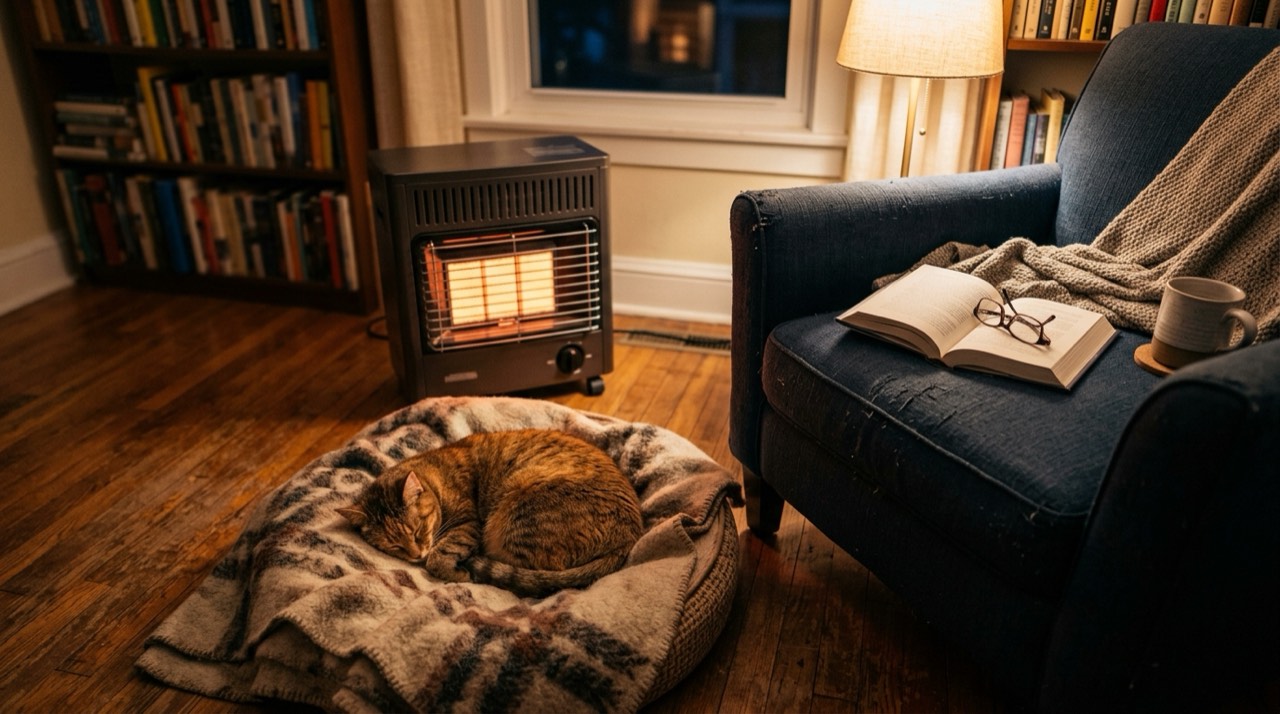 A portable propane heater warming a cozy indoor living space