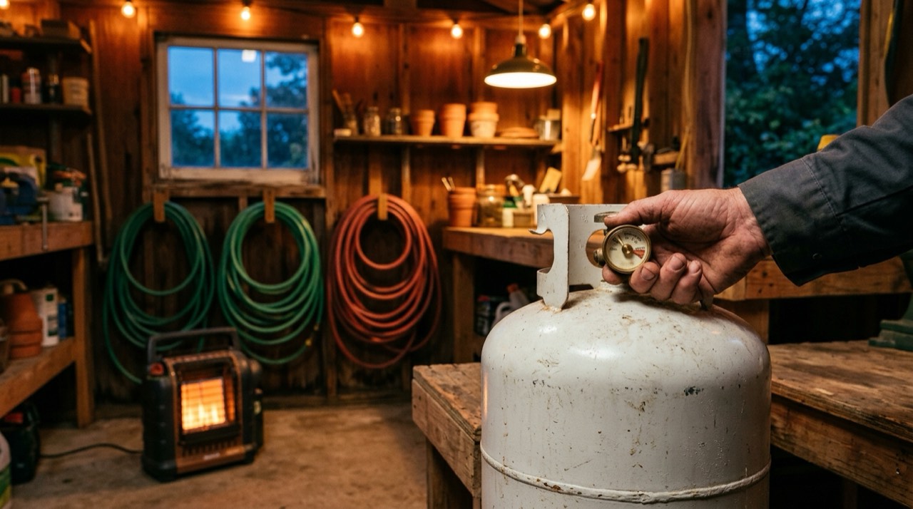 Propane tanks, hoses, regulators and heater accessories — in use
