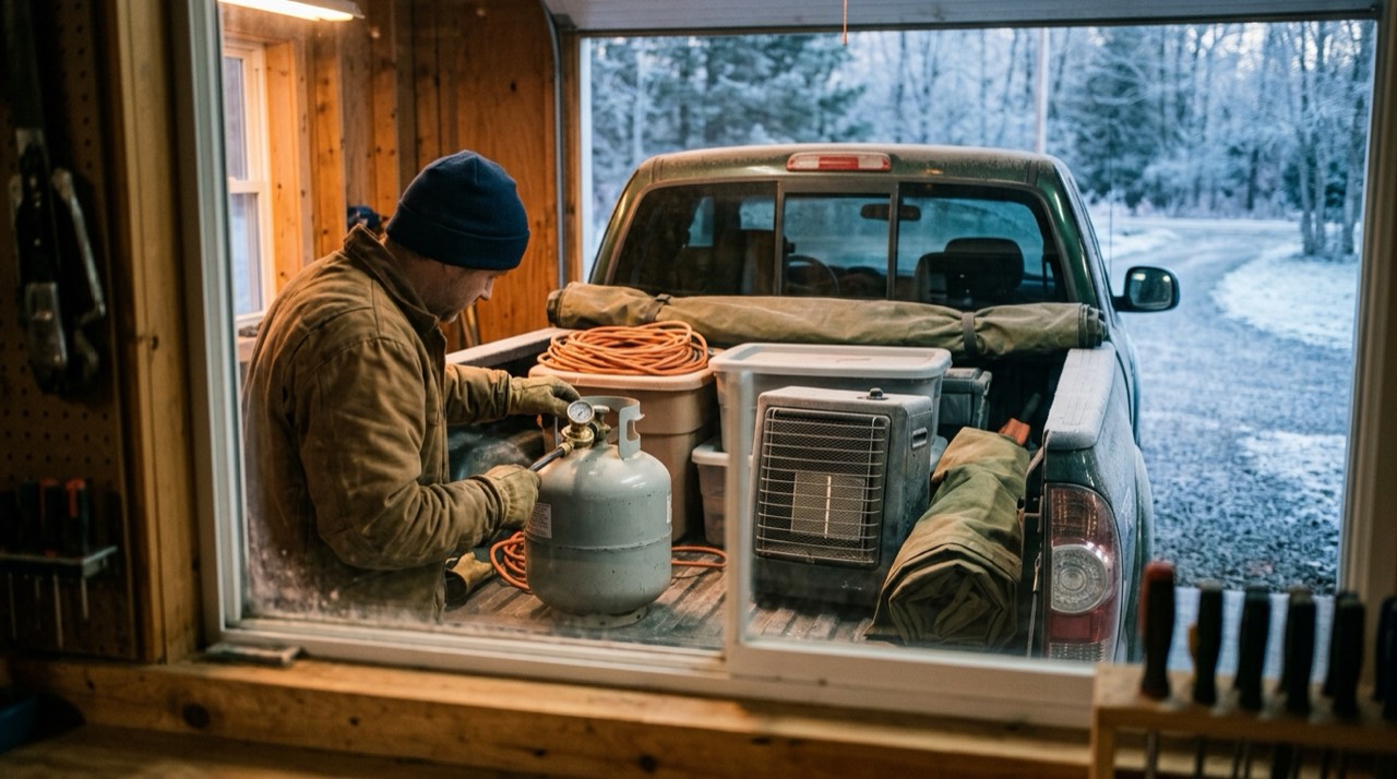 Propane tanks, hoses, regulators and heater accessories — in use