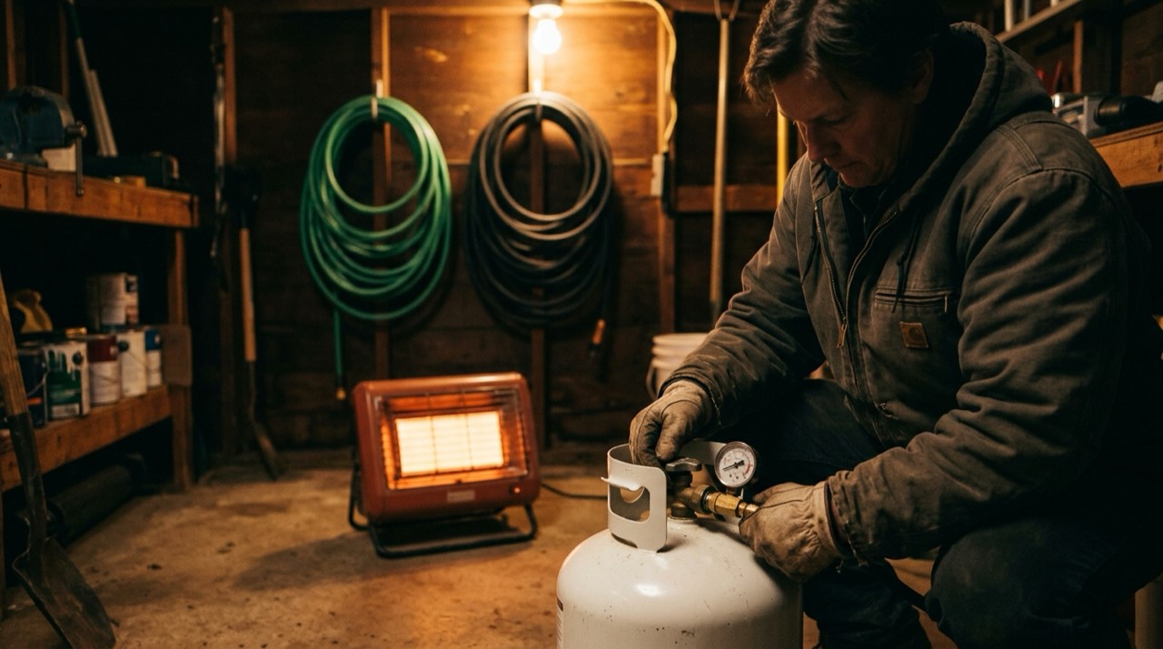 Propane tanks, hoses, regulators and heater accessories — in use
