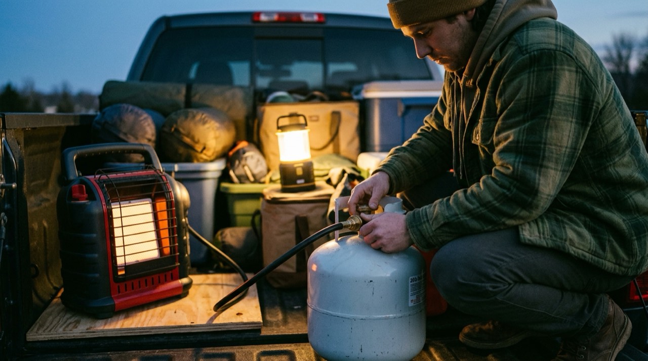Propane tanks, hoses, regulators and heater accessories — in use