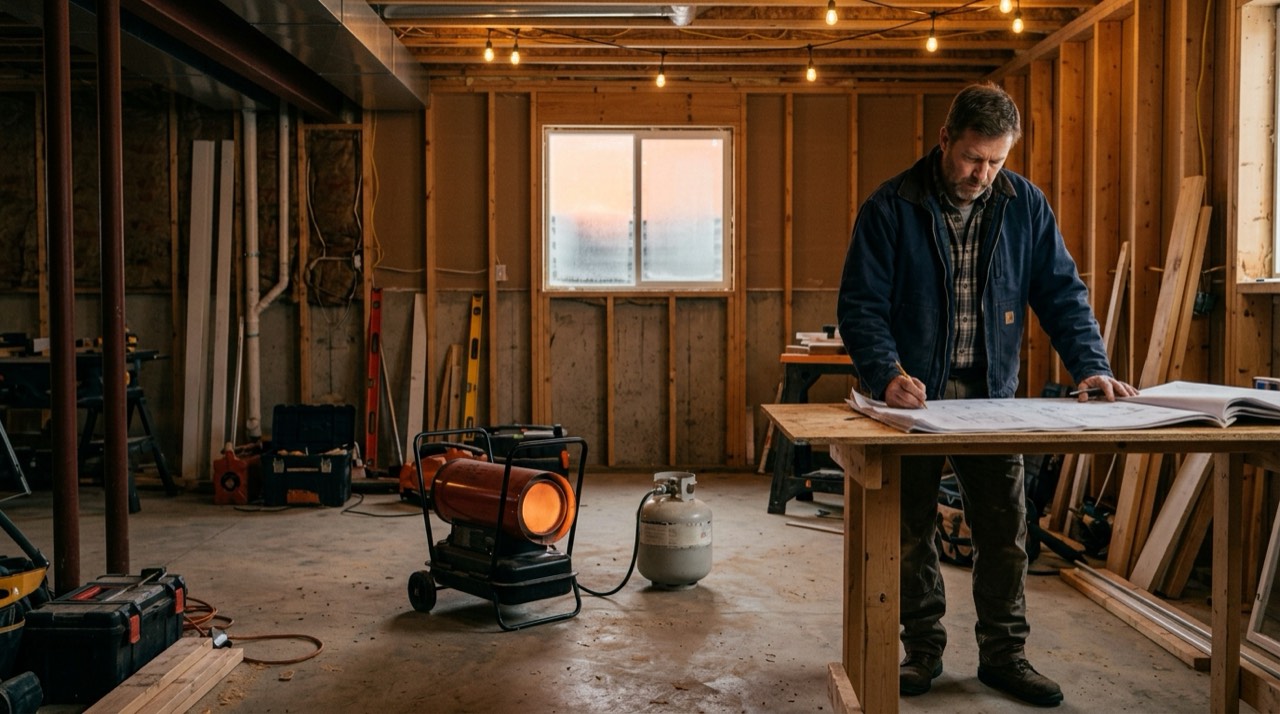 Forced-air and construction propane heaters — in use