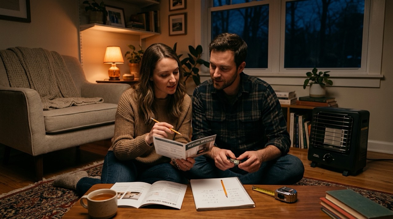 Two people comparing home heating options by lamplight, notes and a buyer's guide spread on the table