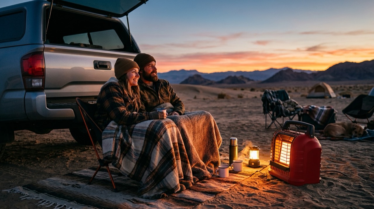 Coleman, Ozark Trail and Texsport camping propane heaters — in use