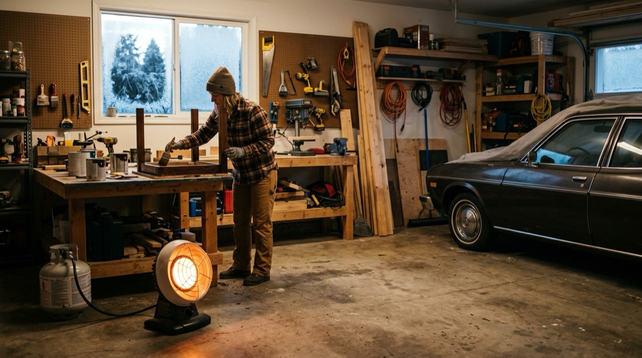 Propane heaters for garages and workshops — in use