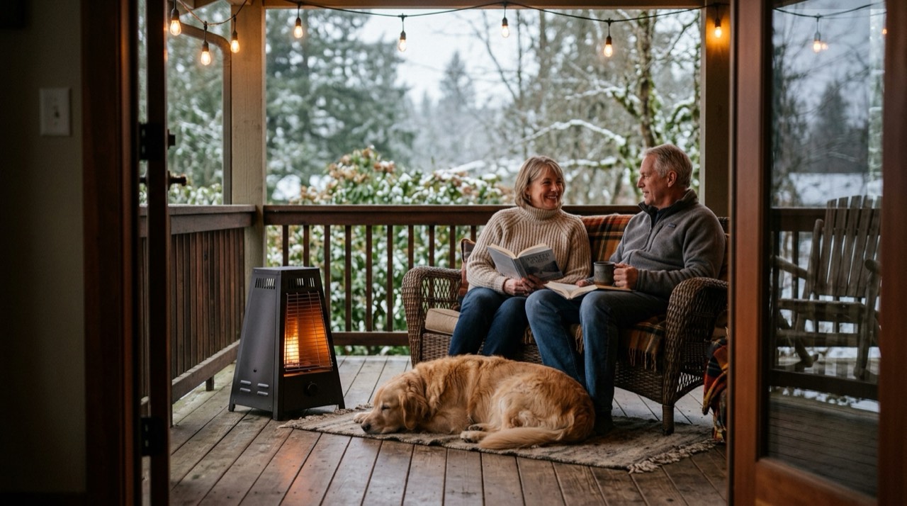 Propane heaters for porches and screened spaces — in use