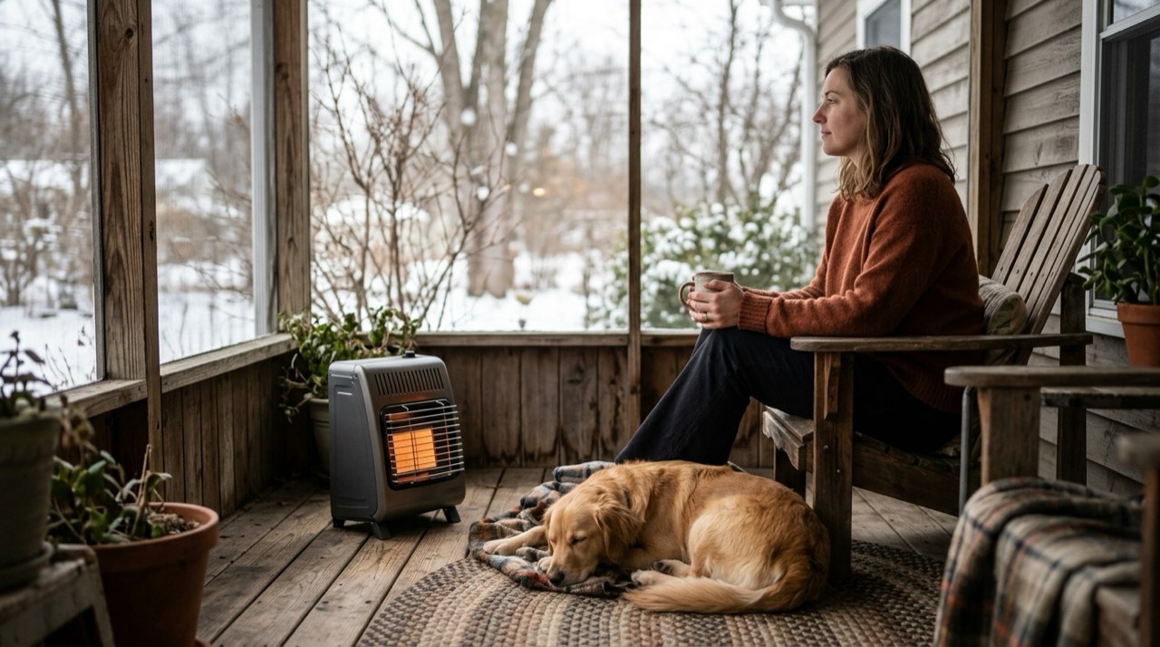 Propane heaters for porches and screened spaces — in use