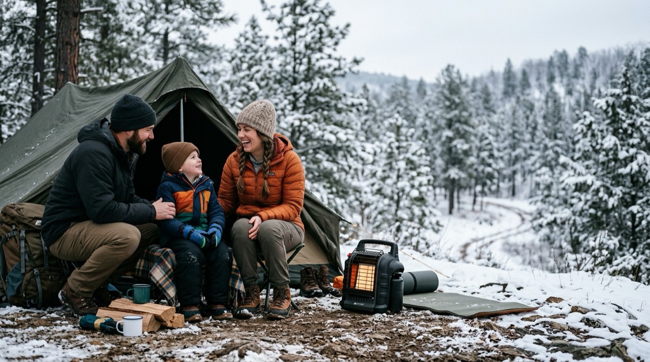 Coleman, Ozark Trail and Texsport camping propane heaters — in use