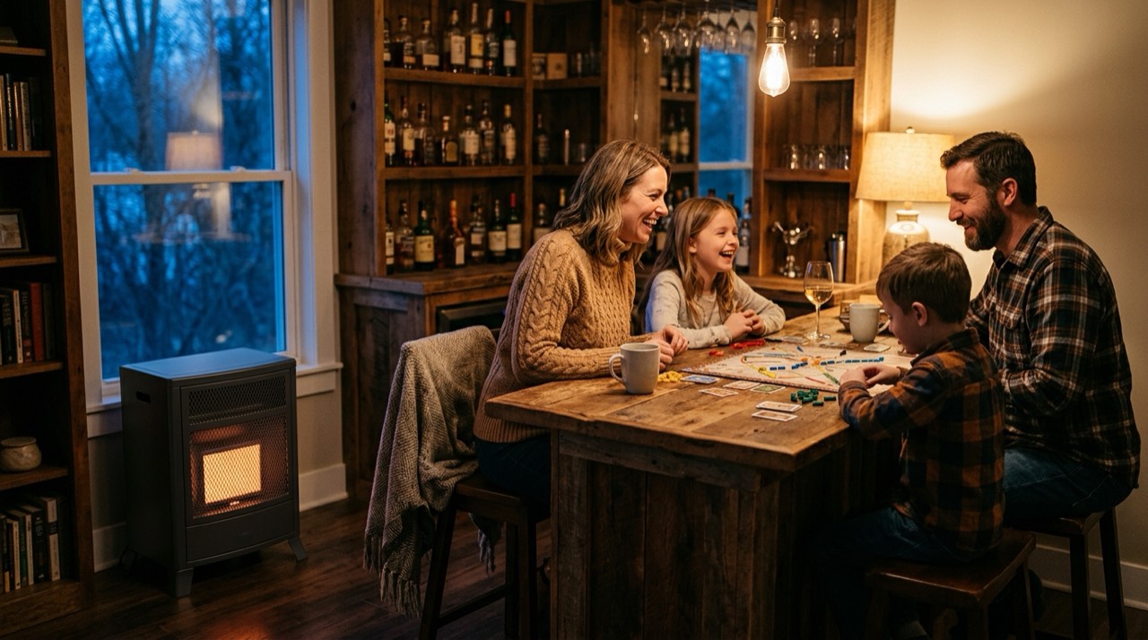 Wall-mount, cabinet and tank-top propane heaters — in use