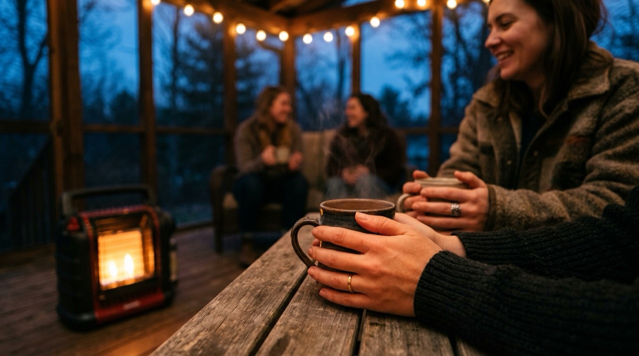 Propane heaters for porches and screened spaces — in use