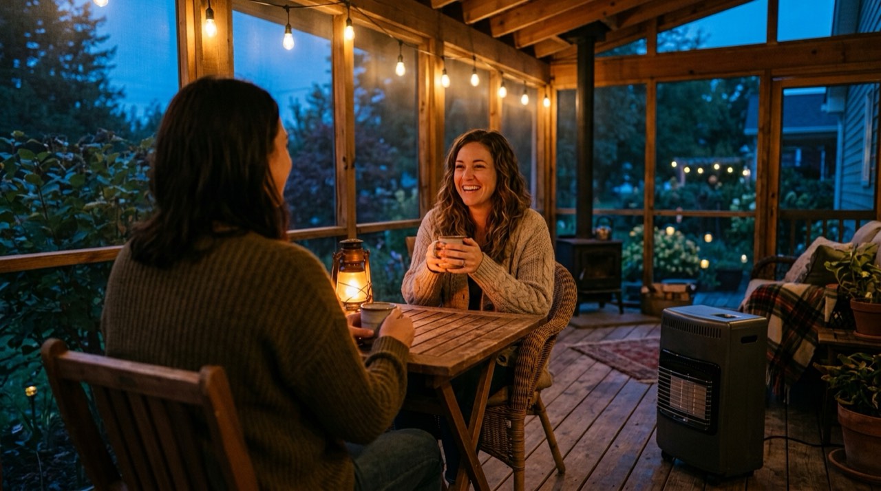 Propane heaters for porches and screened spaces — in use