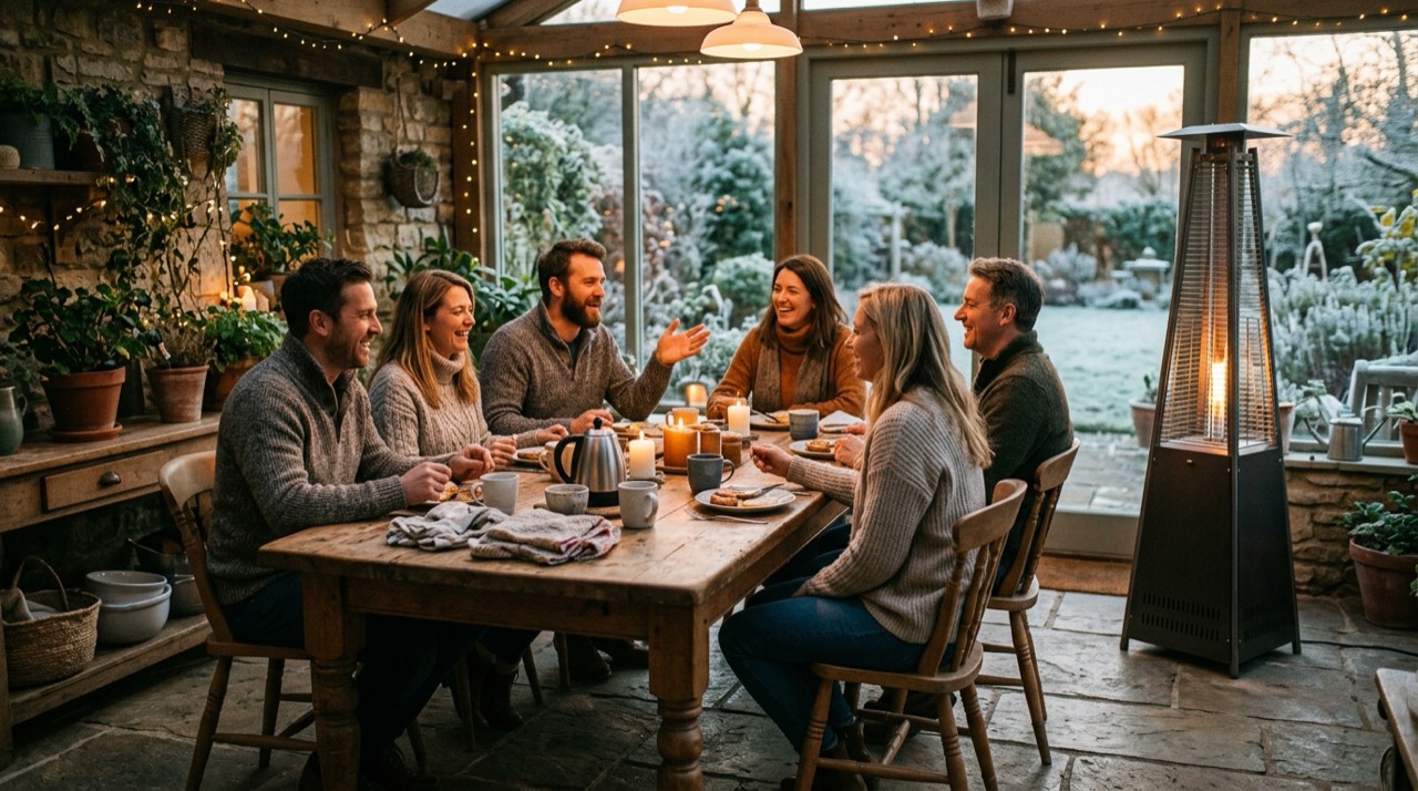 Outdoor and patio propane heaters — in use