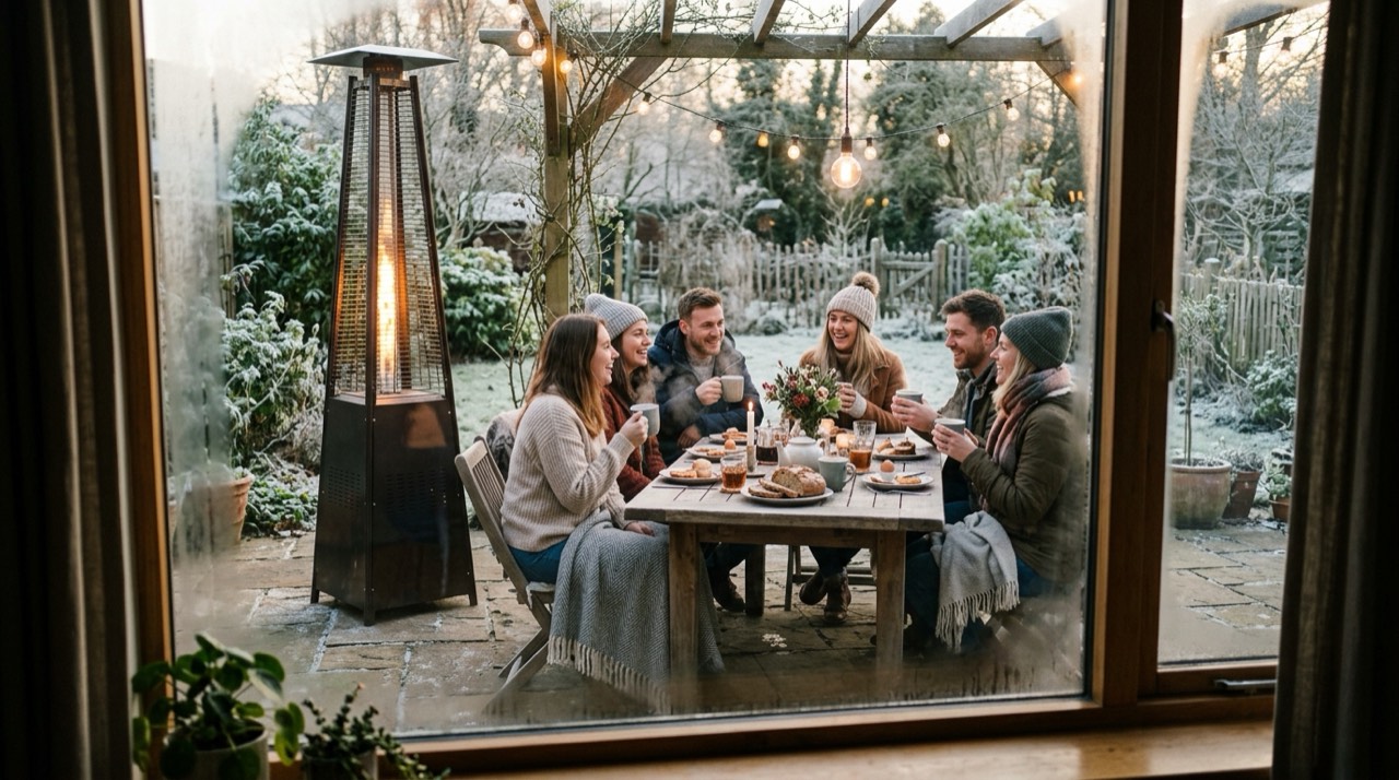 Outdoor and patio propane heaters — in use