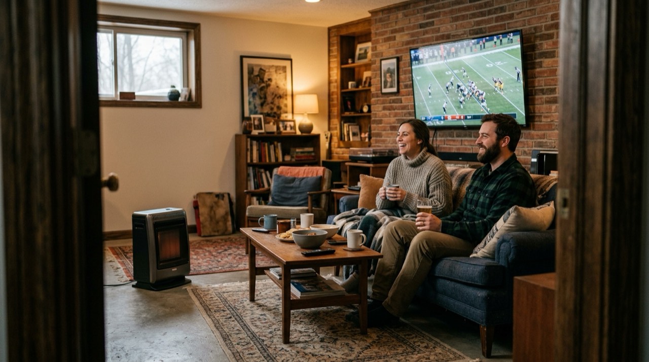 Wall-mount, cabinet and tank-top propane heaters — in use