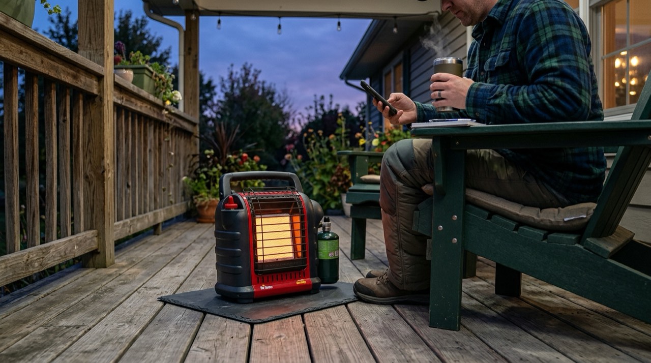 Coleman, Ozark Trail and Texsport camping propane heaters — in use