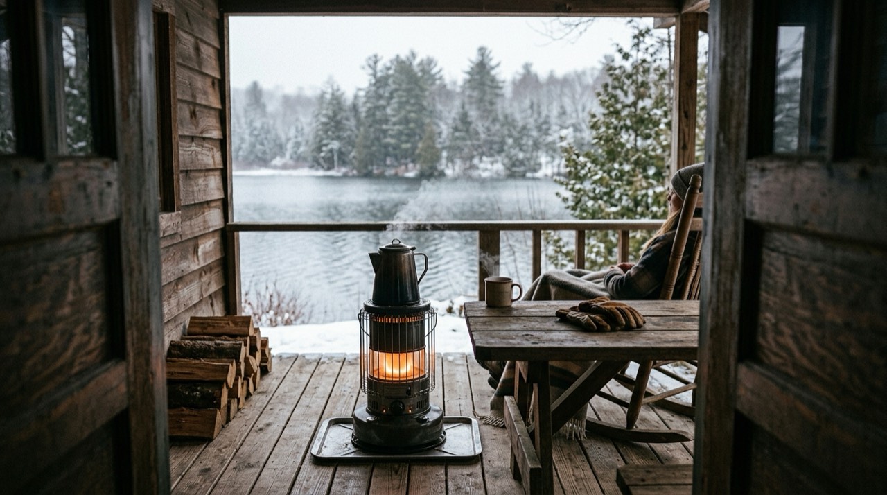 A portable heater glowing on a cabin porch overlooking a snowy lake