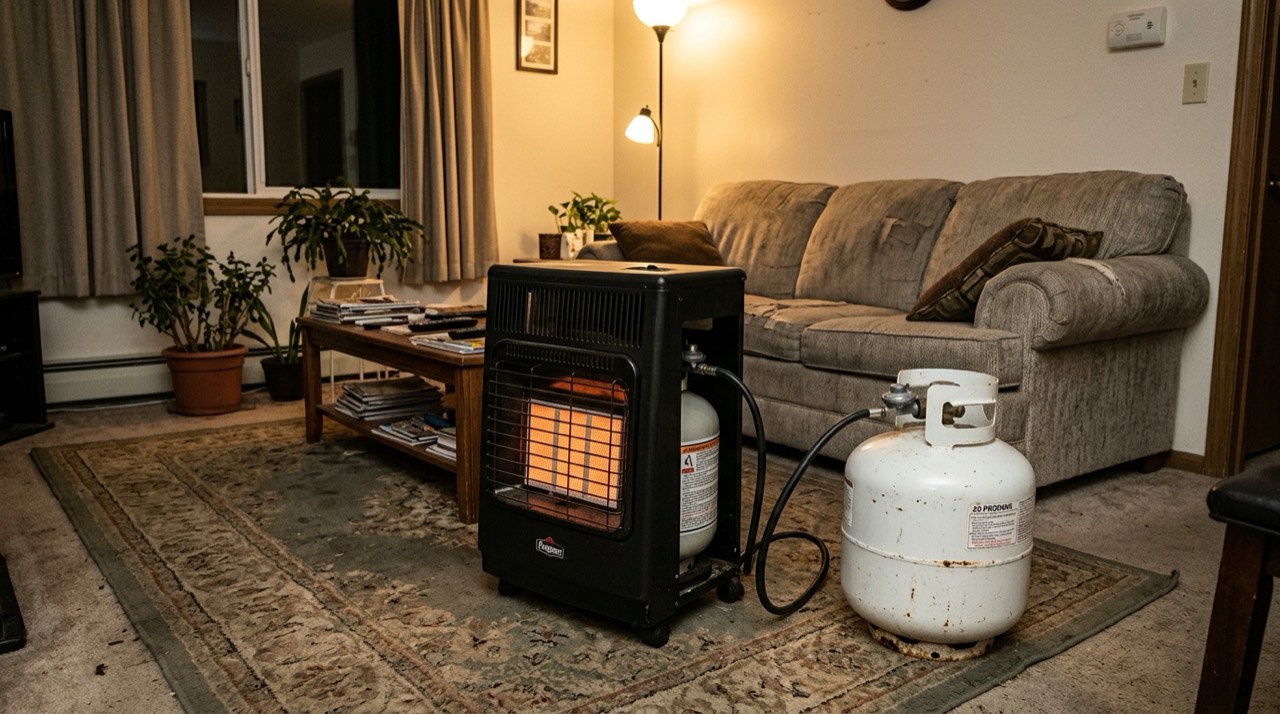 Coleman, Ozark Trail and Texsport camping propane heaters — in use