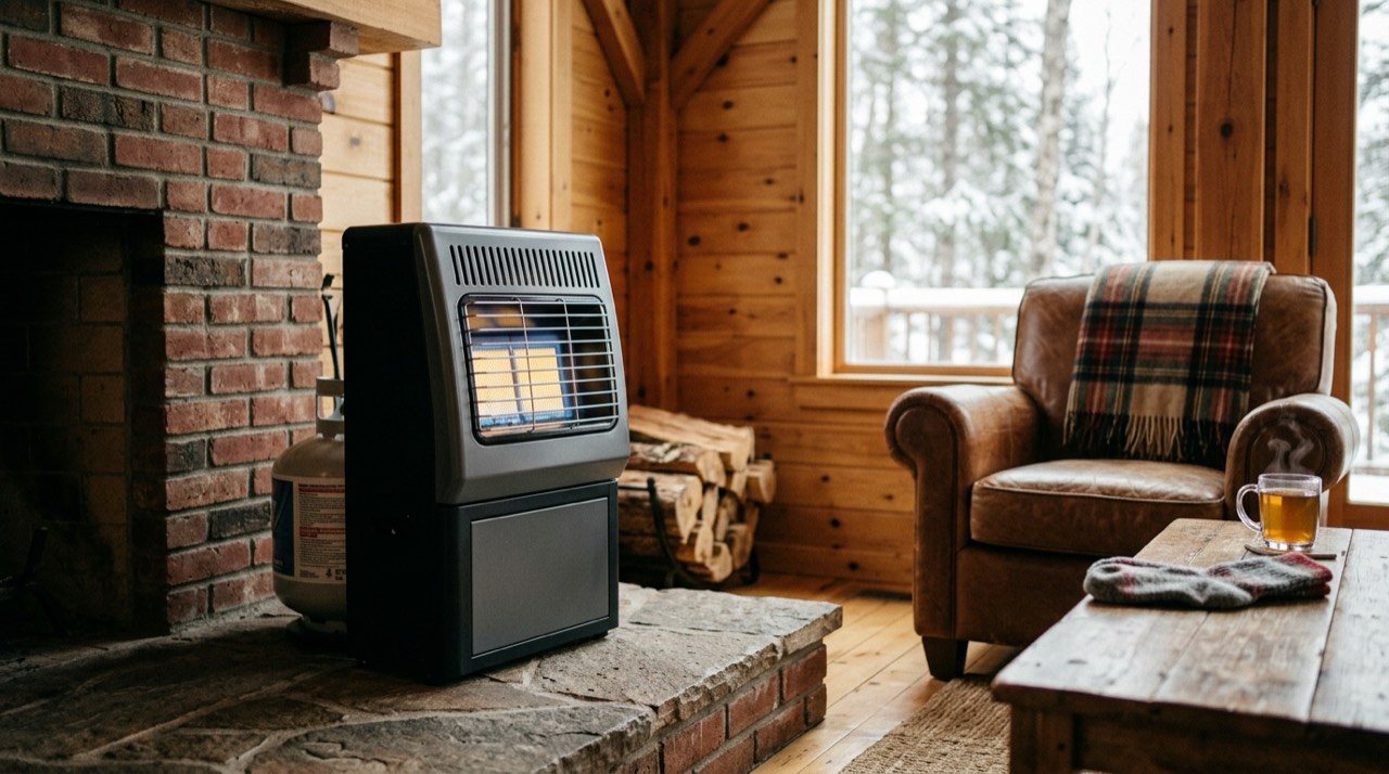 Coleman, Ozark Trail and Texsport camping propane heaters — in use