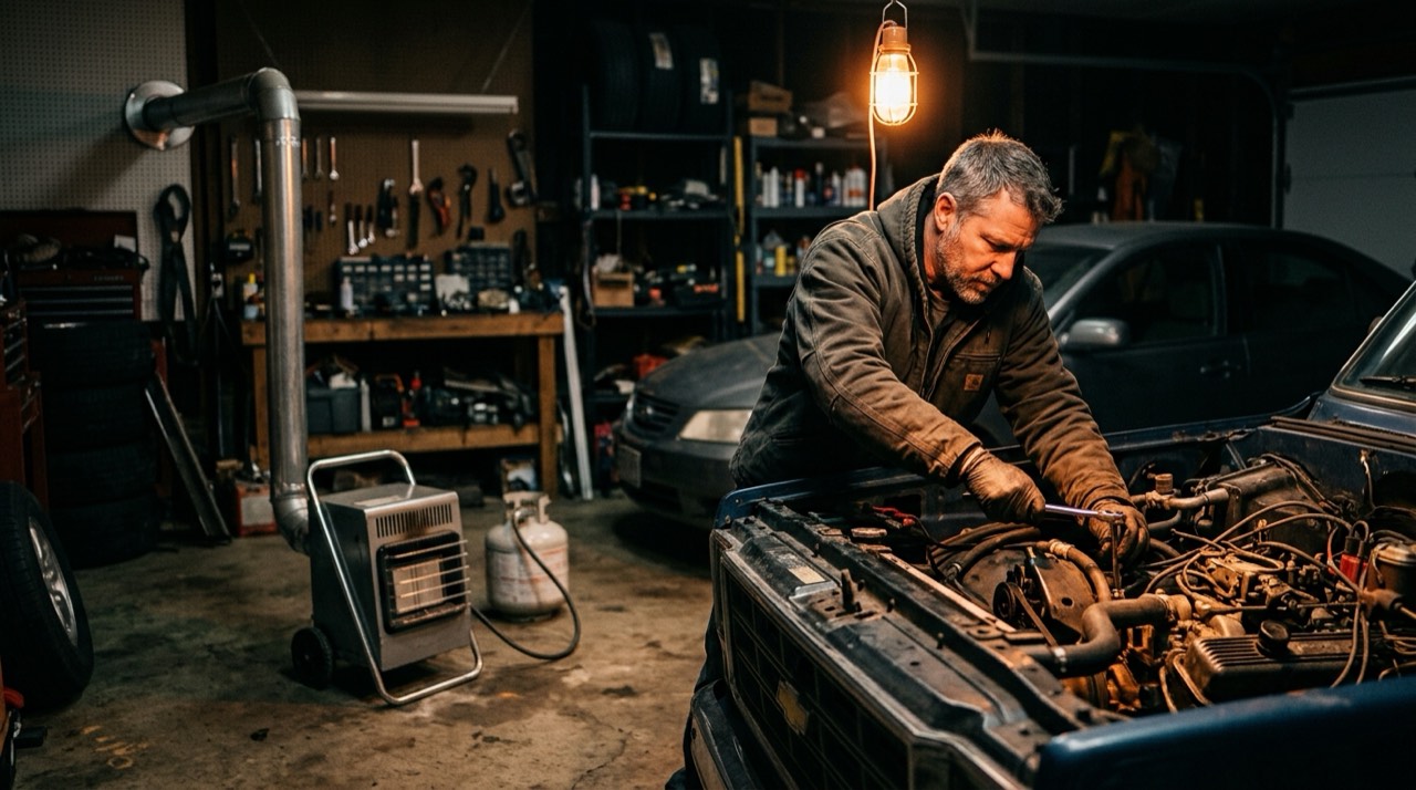 Propane heaters for garages and workshops — in use