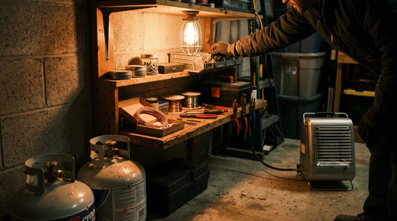 Propane tanks, hoses, regulators and heater accessories — in use