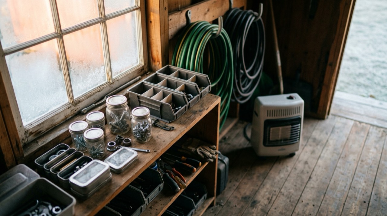 Propane tanks, hoses, regulators and heater accessories — in use