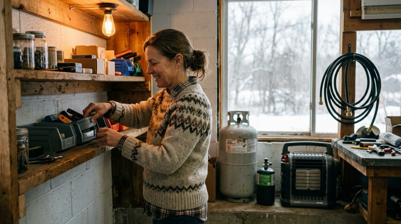 Propane tanks, hoses, regulators and heater accessories — in use