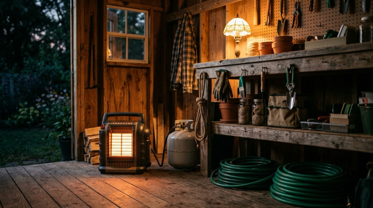 Propane tanks, hoses, regulators and heater accessories — in use