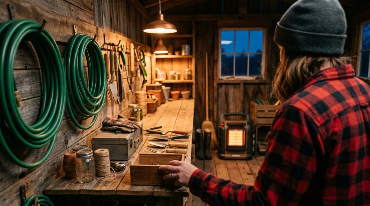 Propane tanks, hoses, regulators and heater accessories — in use