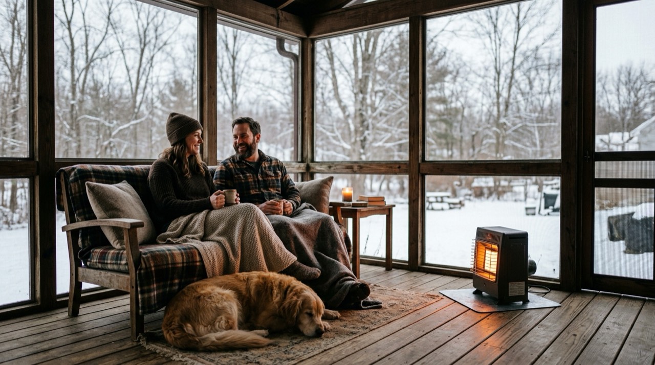 Propane heaters for porches and screened spaces — in use