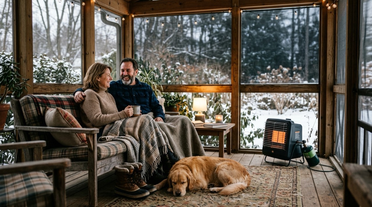 Propane heaters for porches and screened spaces — in use