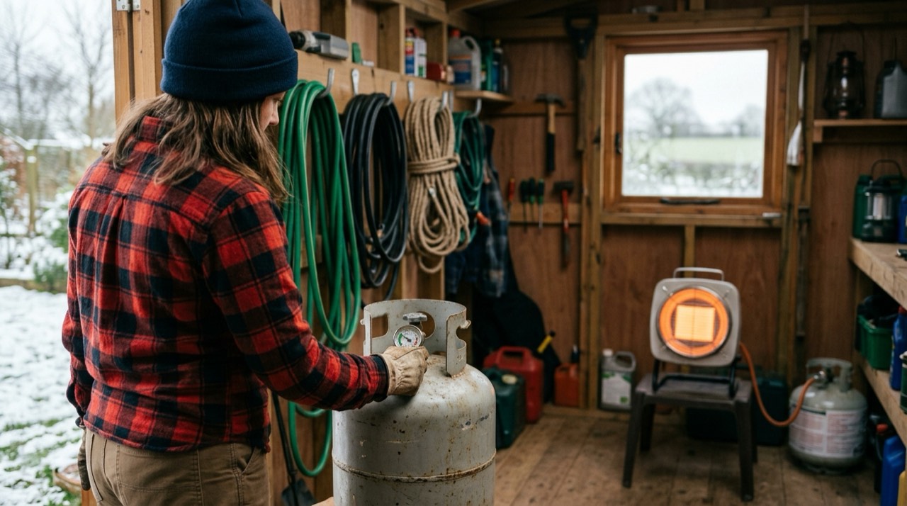 Propane tanks, hoses, regulators and heater accessories — in use