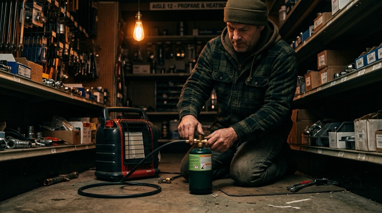 Propane tanks, hoses, regulators and heater accessories — in use