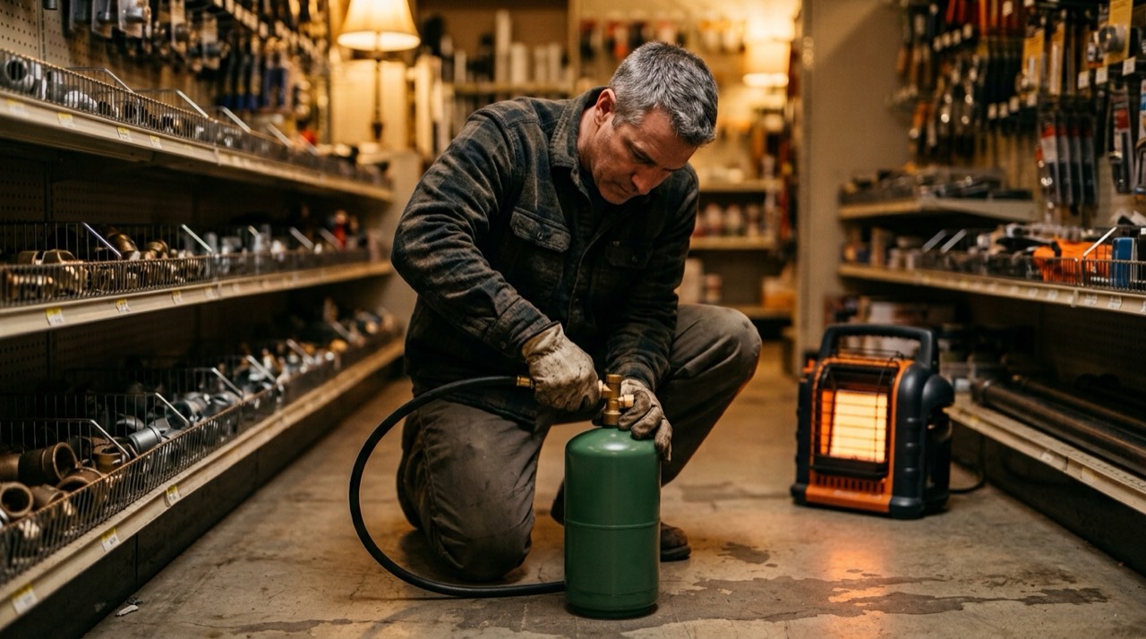 Propane tanks, hoses, regulators and heater accessories — in use