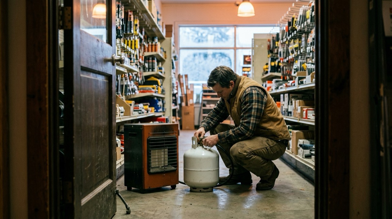 Propane tanks, hoses, regulators and heater accessories — in use