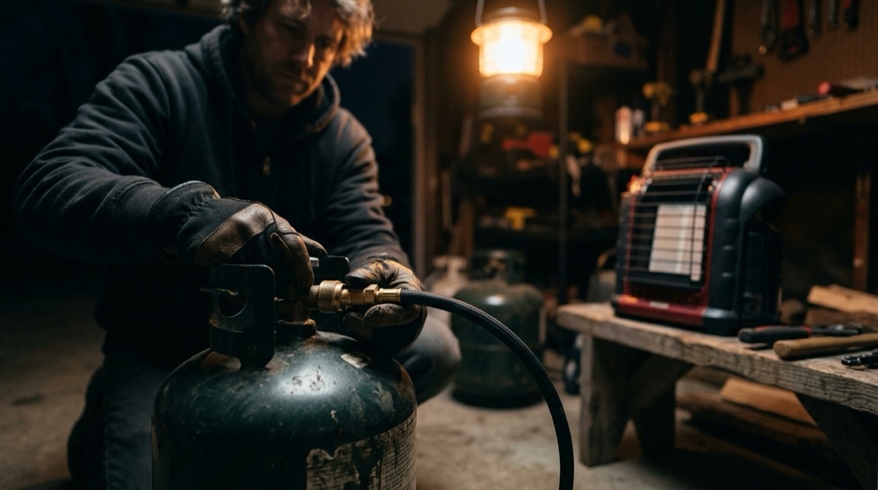 Propane tanks, hoses, regulators and heater accessories — in use