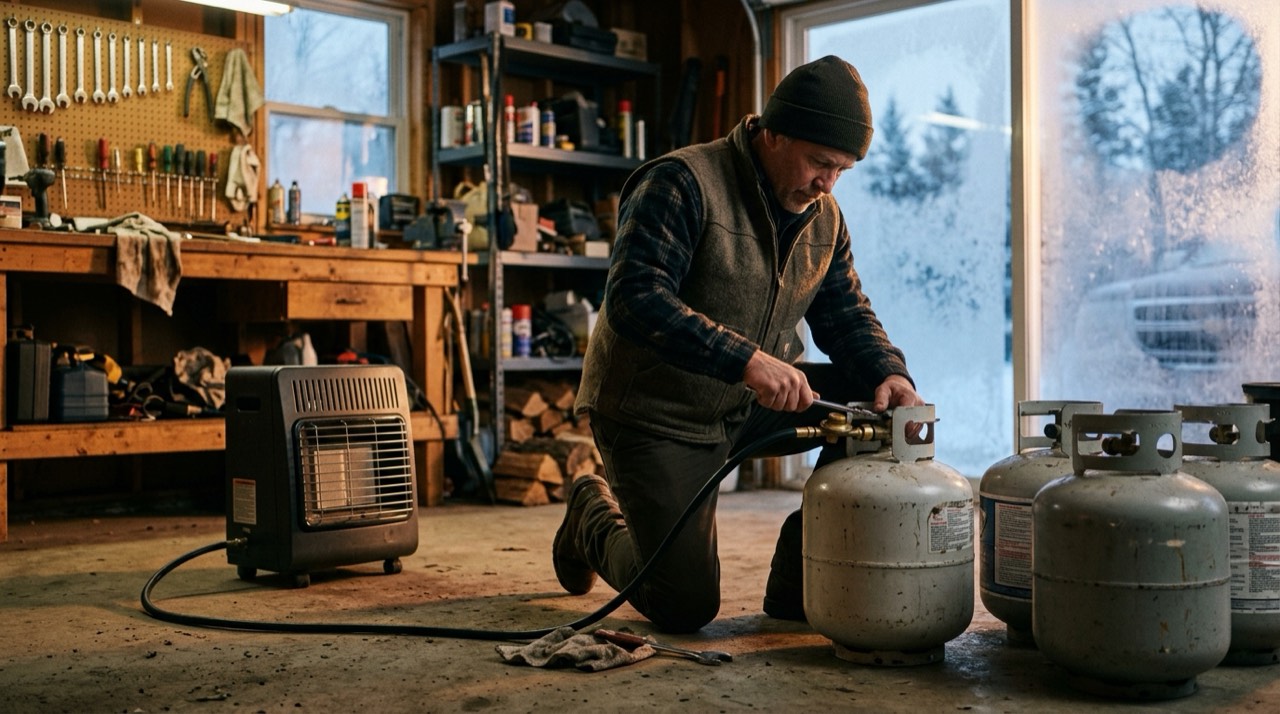 Propane tanks, hoses, regulators and heater accessories — in use