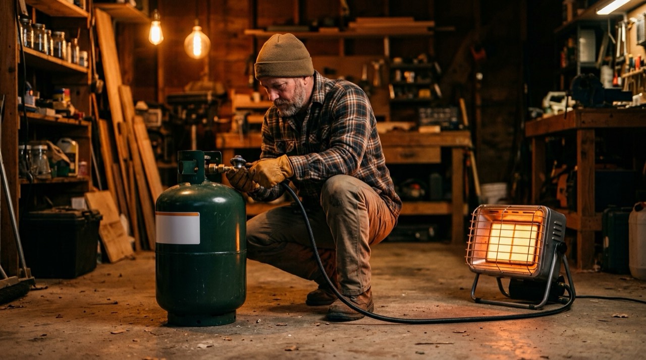 Propane tanks, hoses, regulators and heater accessories — in use