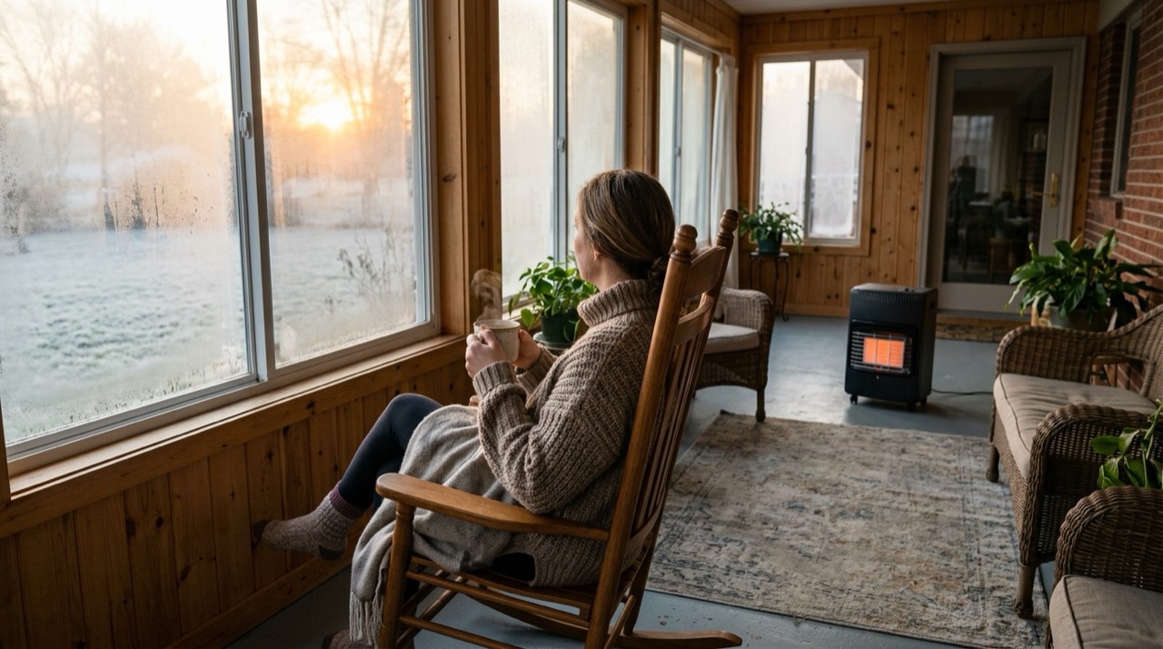 Propane heaters for porches and screened spaces — in use