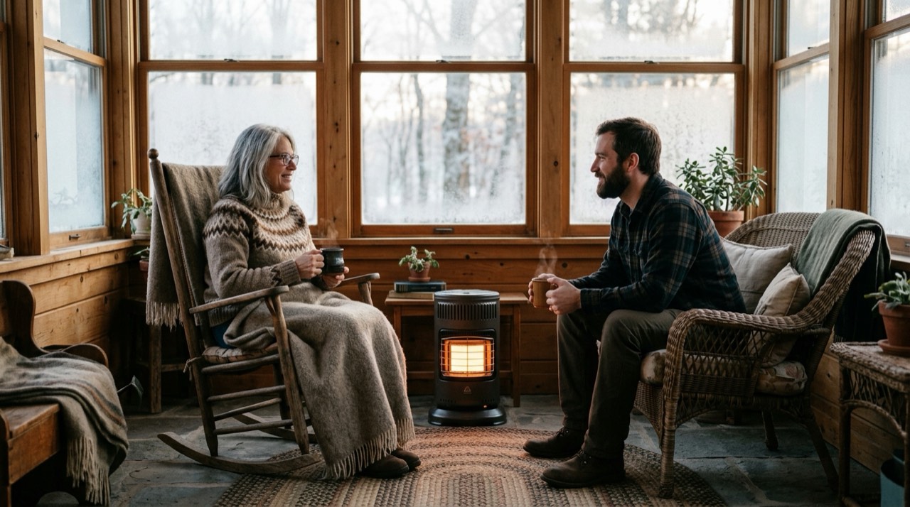 Propane heaters for porches and screened spaces — in use