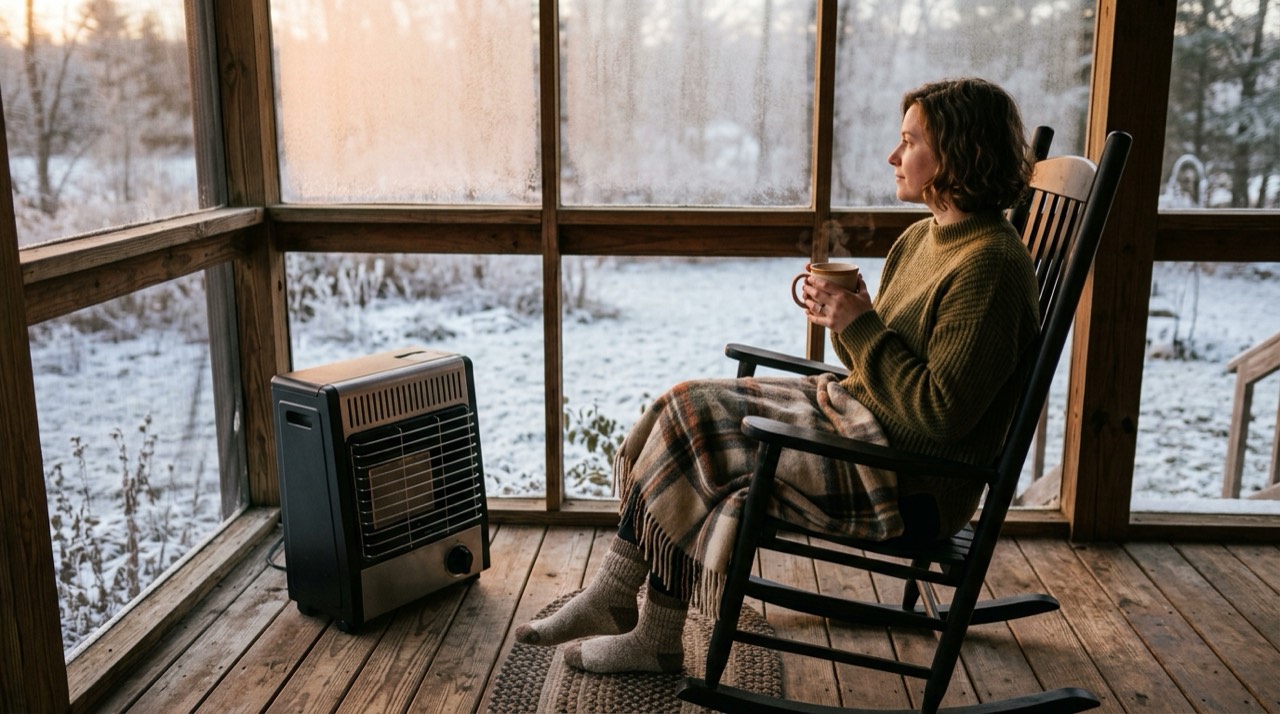 Propane heaters for porches and screened spaces — in use