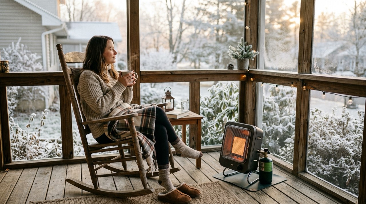 Propane heaters for porches and screened spaces — in use