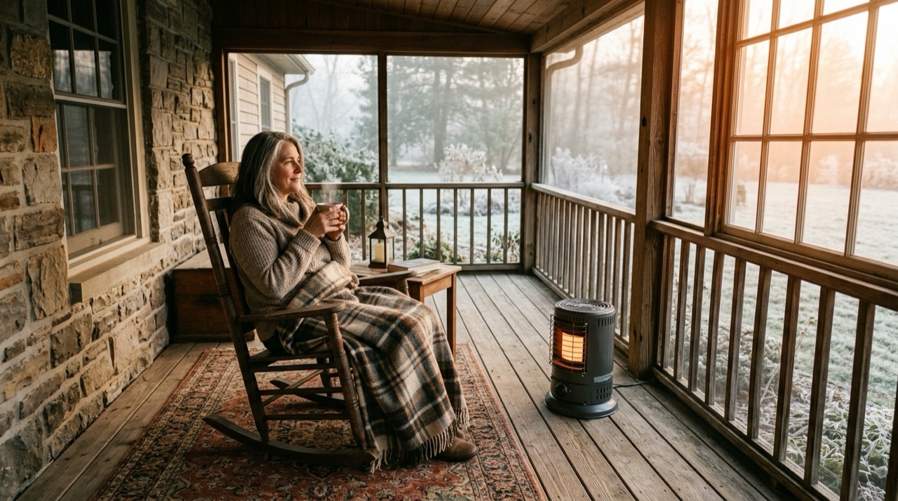 Propane heaters for porches and screened spaces — in use