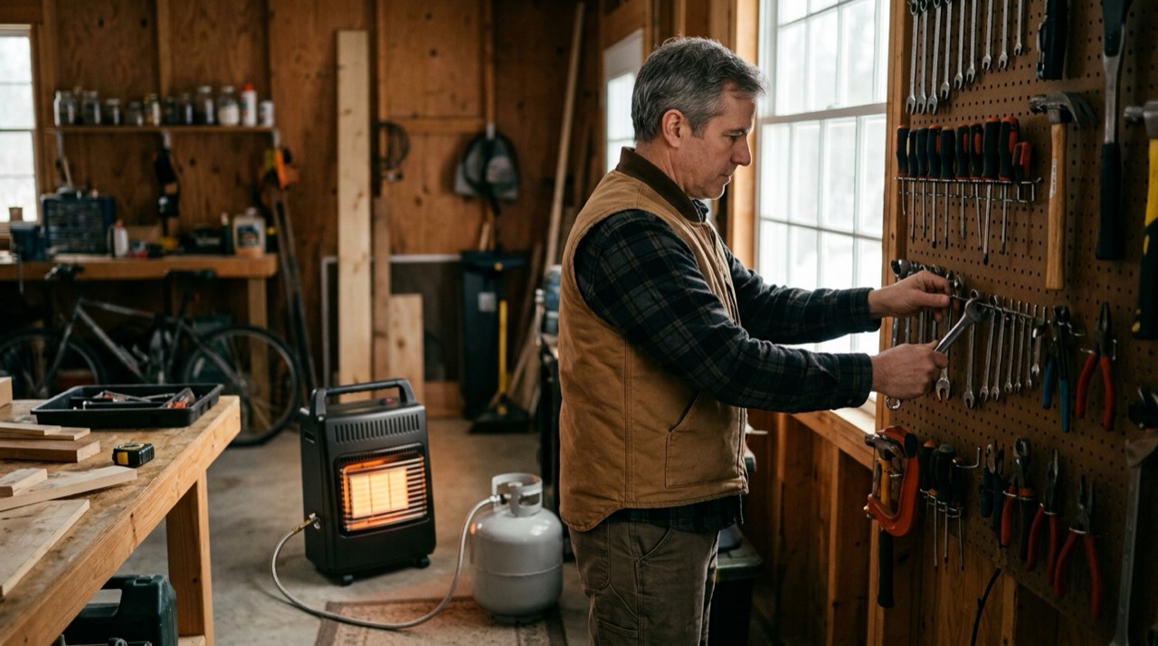 Propane heaters for garages and workshops — in use