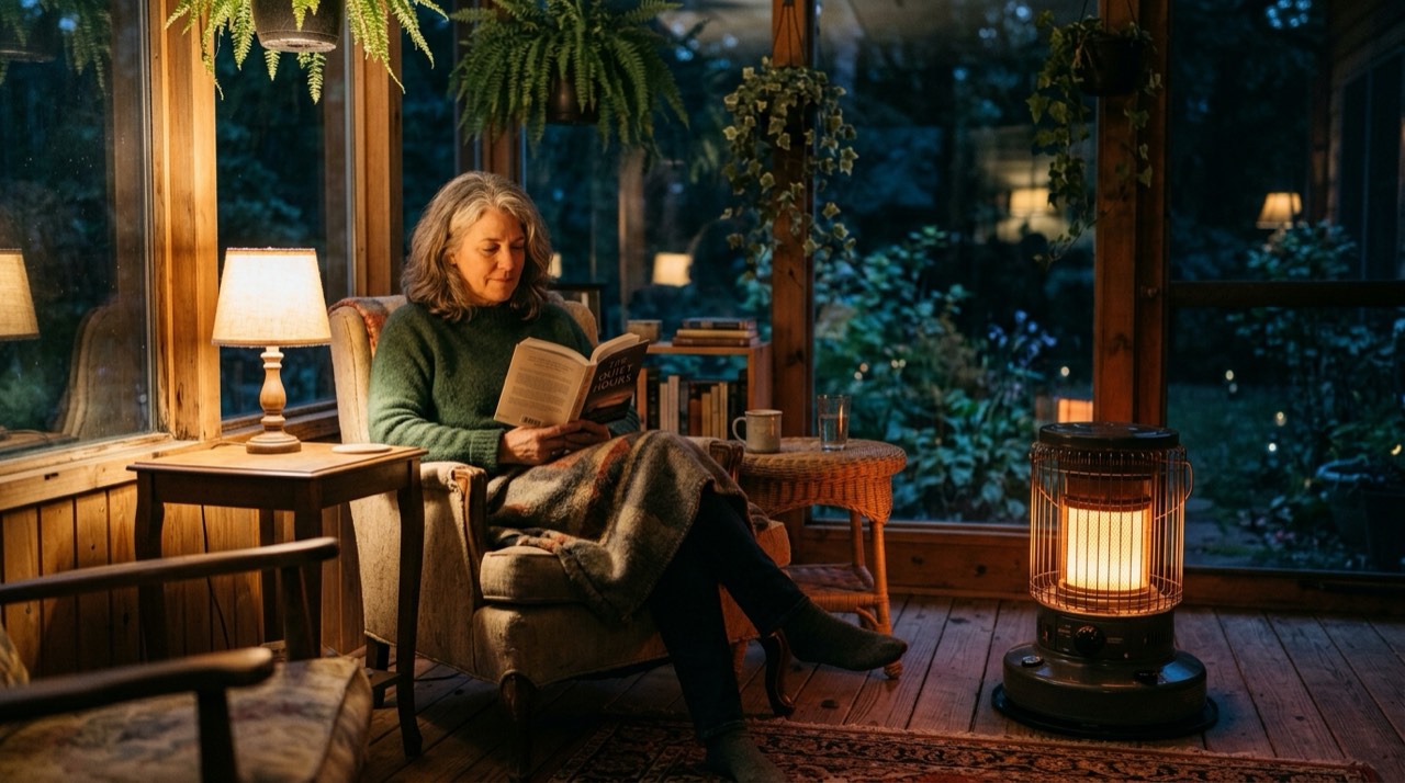 Indoor vs. outdoor propane heater — in use