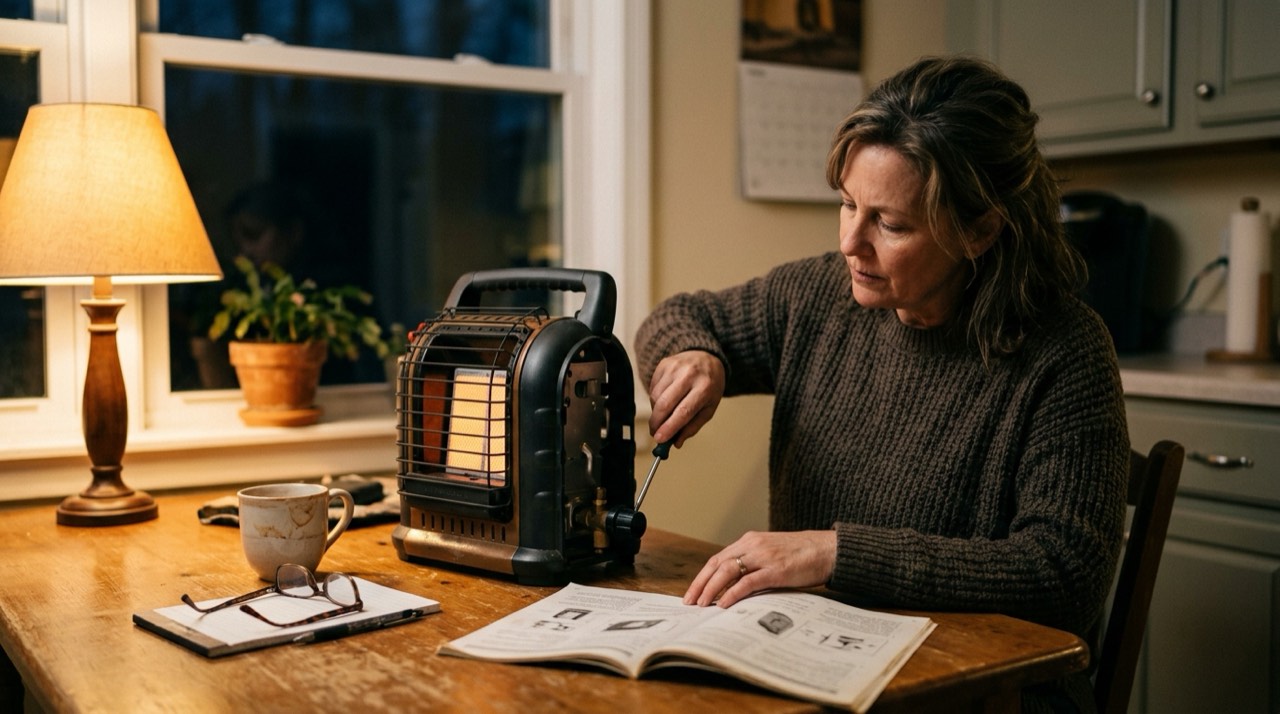 Coleman, Ozark Trail and Texsport camping propane heaters — in use