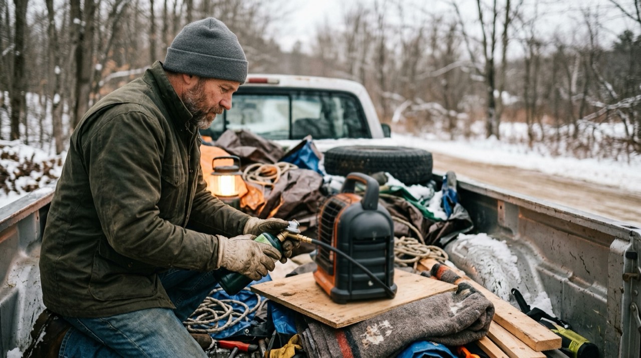 Propane tanks, hoses, regulators and heater accessories — in use