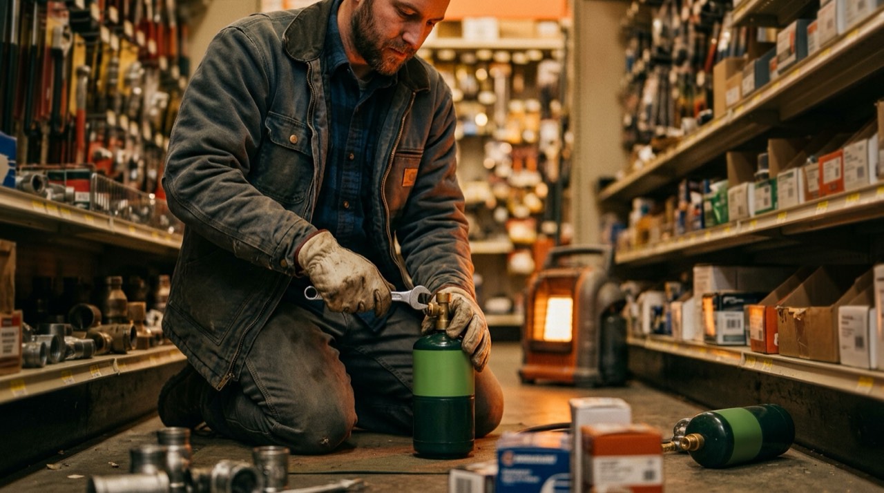 Propane tanks, hoses, regulators and heater accessories — in use