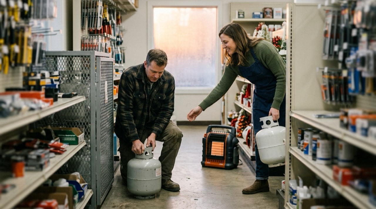 Propane tanks, hoses, regulators and heater accessories — in use