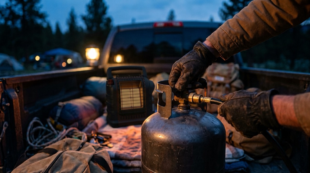 Propane tanks, hoses, regulators and heater accessories — in use
