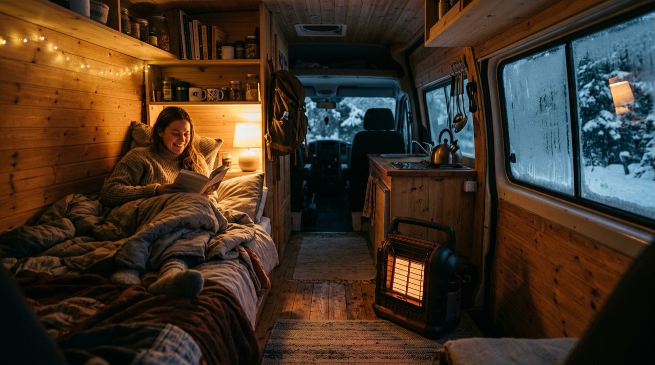 Propane heaters for RVs, off-grid living and van life — in use